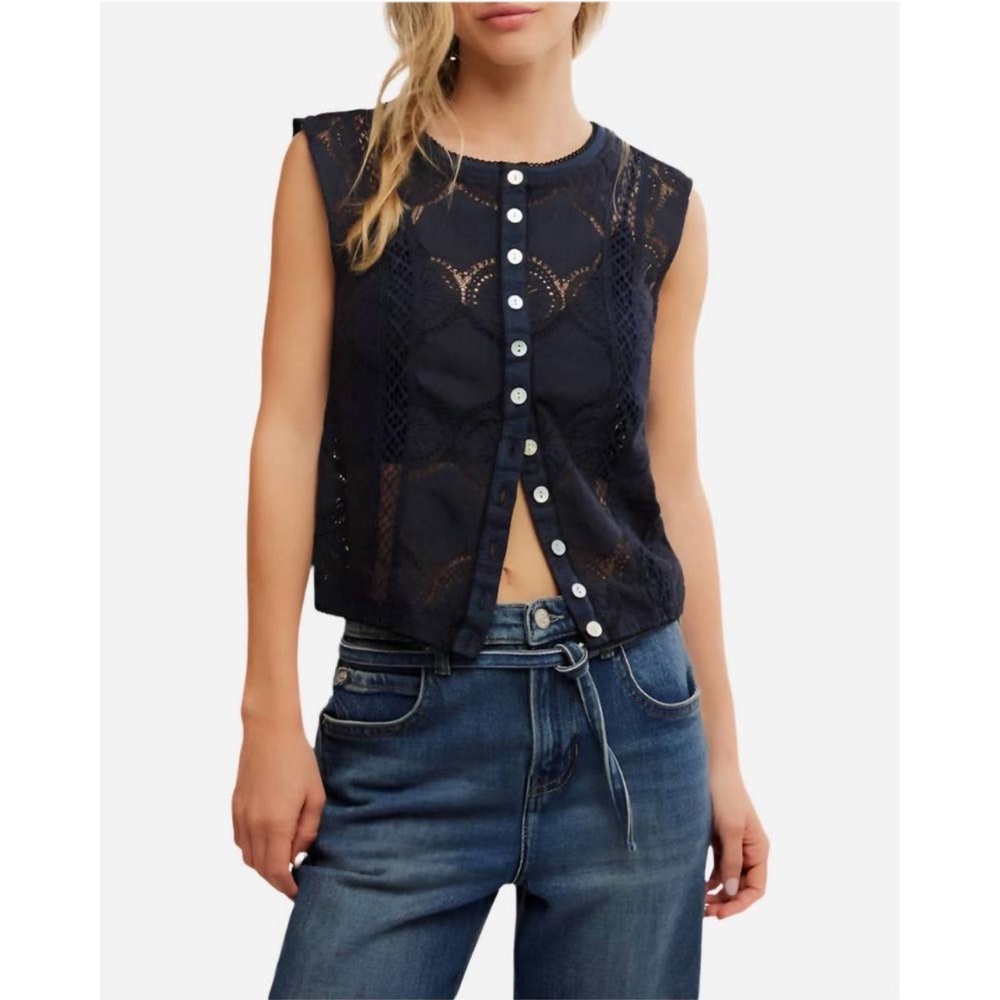 Sleeveless Navy Lace Button-Front Top